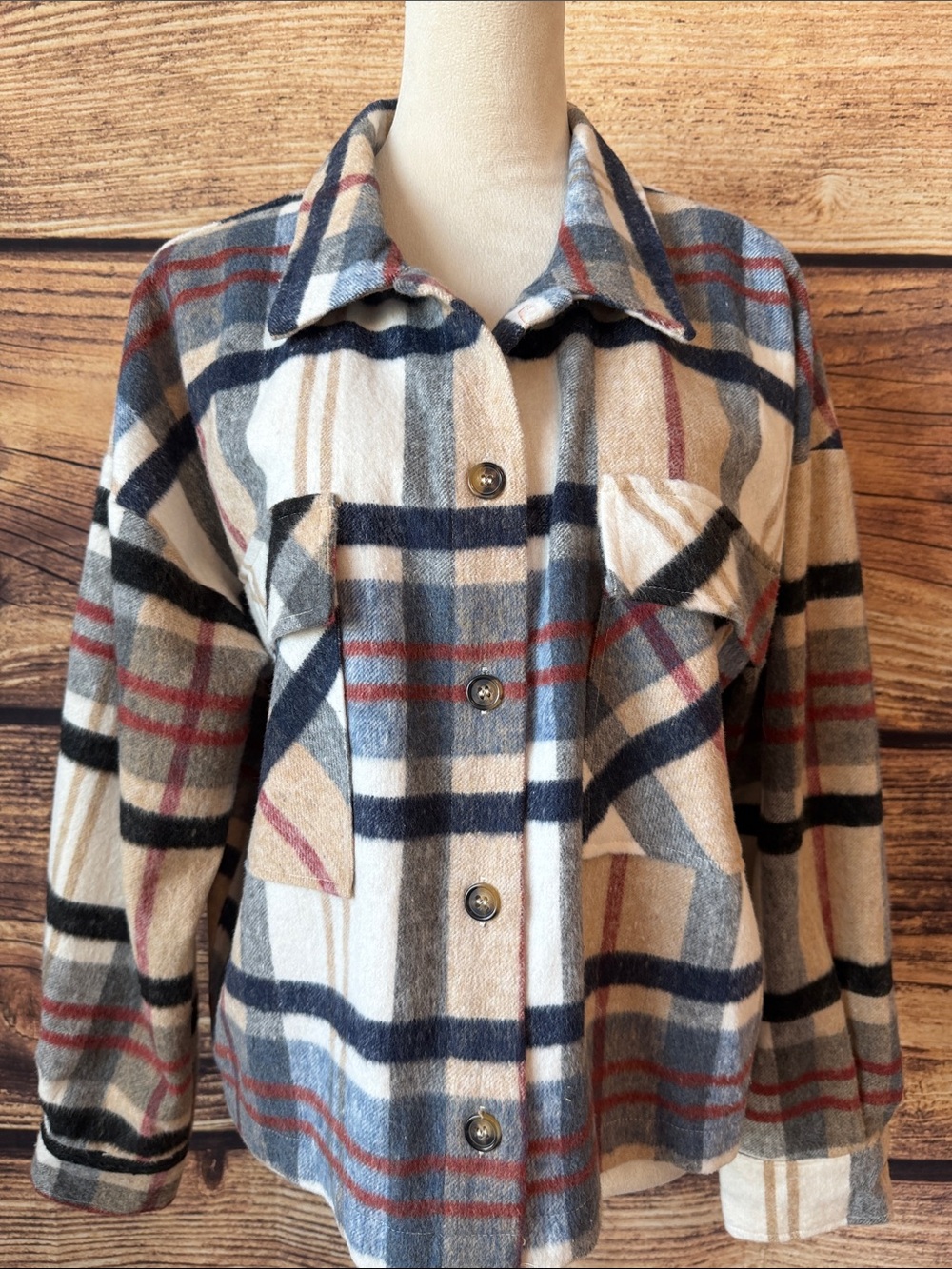 Plaid Utility Shacket Jacket in Navy, Beige & Cream